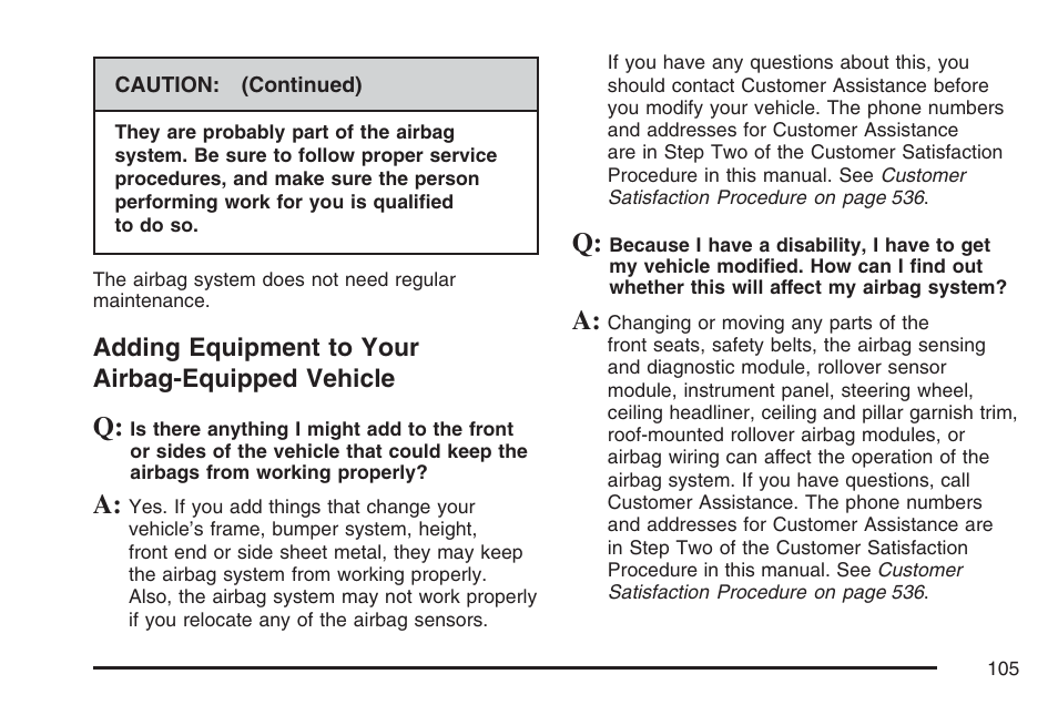 Adding equipment to your airbag-equipped vehicle, Adding equipment to your, Airbag-equipped vehicle | Cadillac 2007 Escalade User Manual | Page 105 / 570