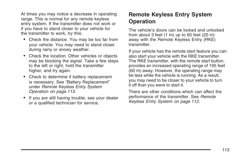 Remote keyless entry system operation, Remote keyless entry system, Operation | Cadillac 2007 Escalade User Manual | Page 113 / 570