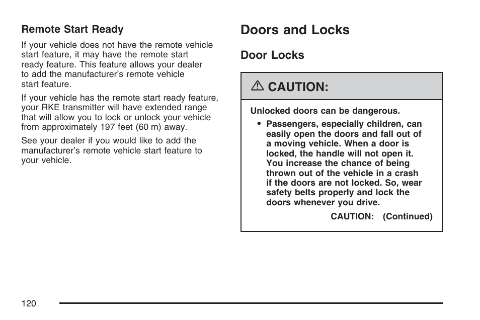 Doors and locks, Door locks, Caution | Cadillac 2007 Escalade User Manual | Page 120 / 570