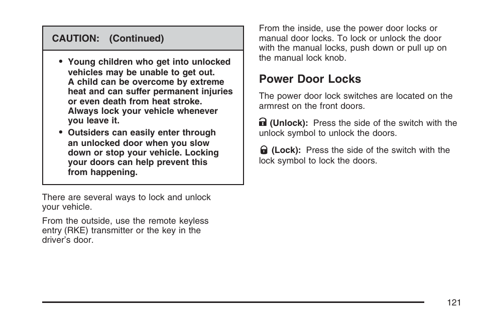 Power door locks | Cadillac 2007 Escalade User Manual | Page 121 / 570