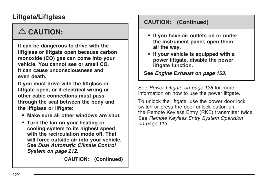 Liftgate/liftglass, Caution | Cadillac 2007 Escalade User Manual | Page 124 / 570