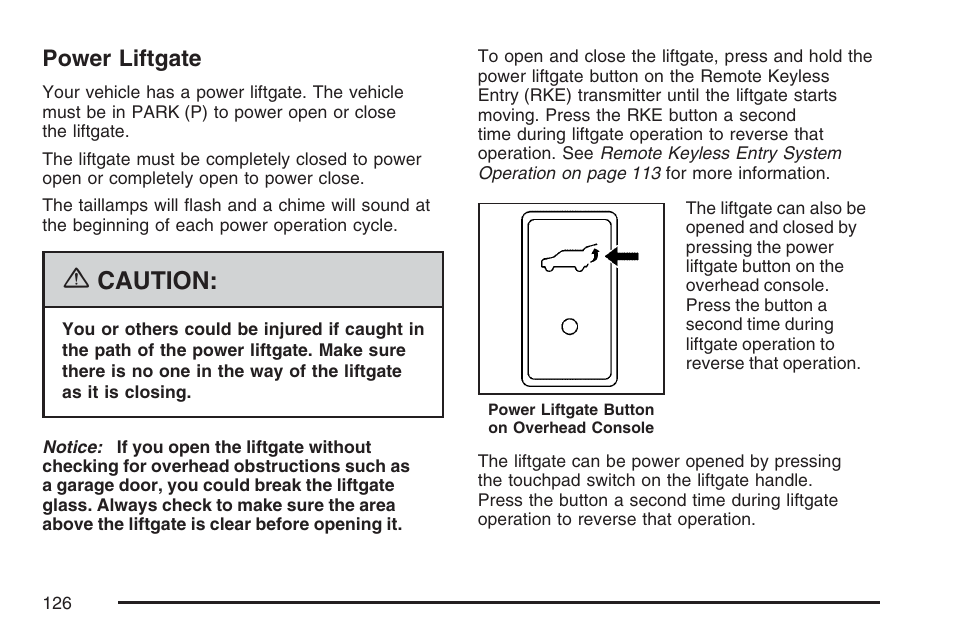 Power liftgate, Caution | Cadillac 2007 Escalade User Manual | Page 126 / 570