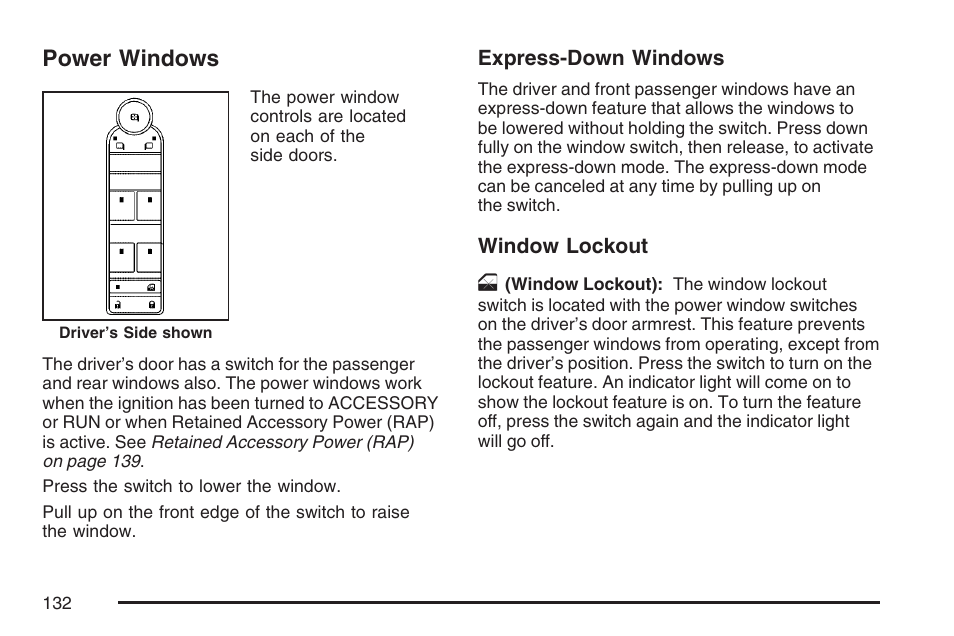 Power windows | Cadillac 2007 Escalade User Manual | Page 132 / 570