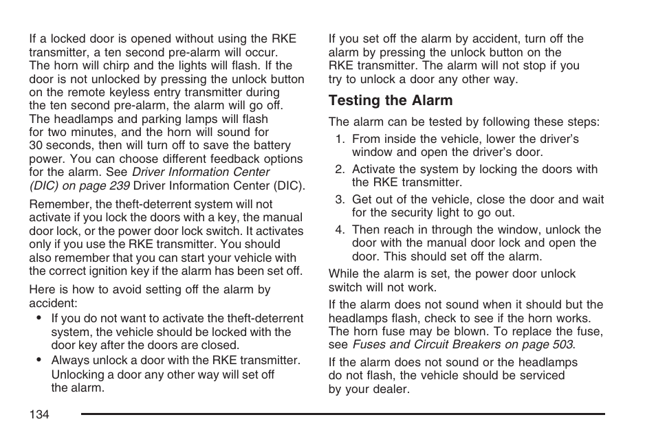 Testing the alarm | Cadillac 2007 Escalade User Manual | Page 134 / 570