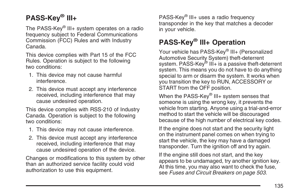Pass-key® iii, Pass-key® iii+ operation, Pass-key | Iii+ operation | Cadillac 2007 Escalade User Manual | Page 135 / 570