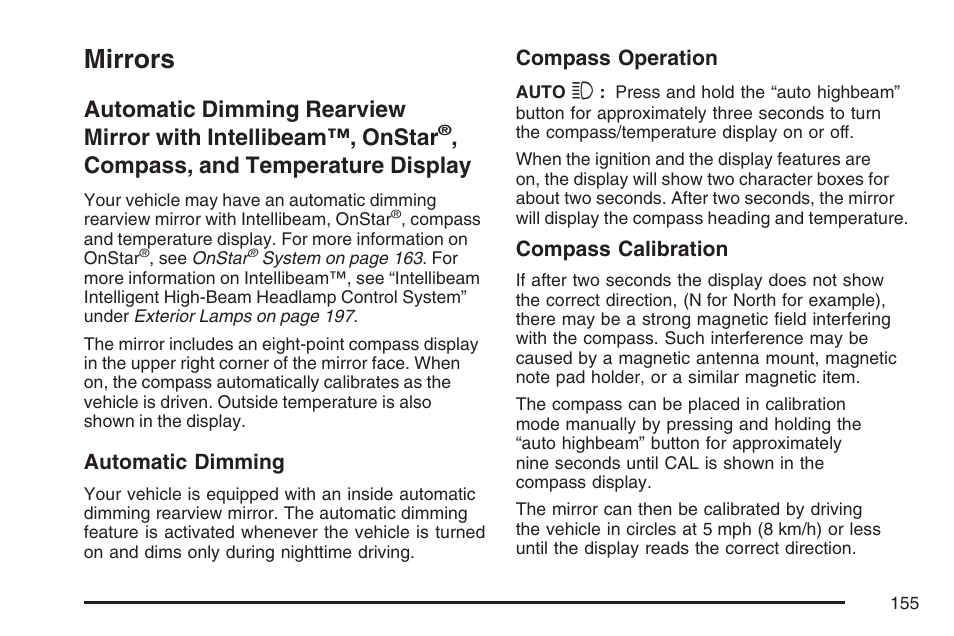 Mirrors, Automatic dimming rearview, Mirror with intellibeam™, onstar | Compass, and temperature display | Cadillac 2007 Escalade User Manual | Page 155 / 570