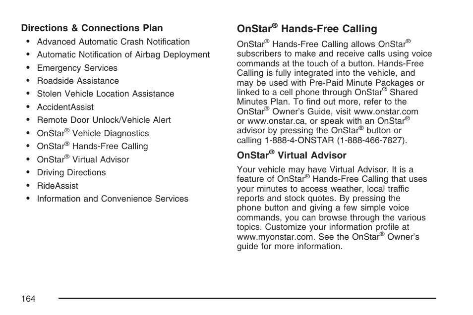 Onstar, Hands-free calling | Cadillac 2007 Escalade User Manual | Page 164 / 570