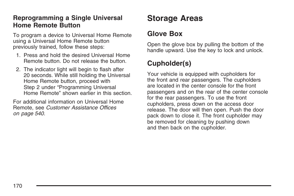 Storage areas, Glove box, Cupholder(s) | Glove box cupholder(s) | Cadillac 2007 Escalade User Manual | Page 170 / 570