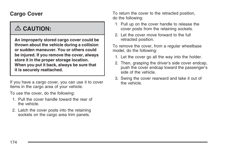Cargo cover, Caution | Cadillac 2007 Escalade User Manual | Page 174 / 570