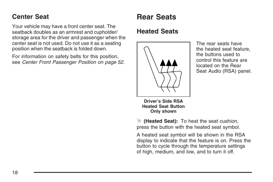 Center seat, Rear seats, Heated seats | Cadillac 2007 Escalade User Manual | Page 18 / 570