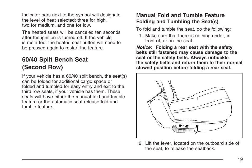 60/40 split bench seat (second row) | Cadillac 2007 Escalade User Manual | Page 19 / 570