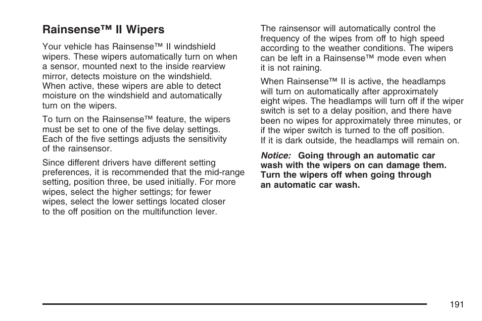 Rainsense™ ii wipers | Cadillac 2007 Escalade User Manual | Page 191 / 570