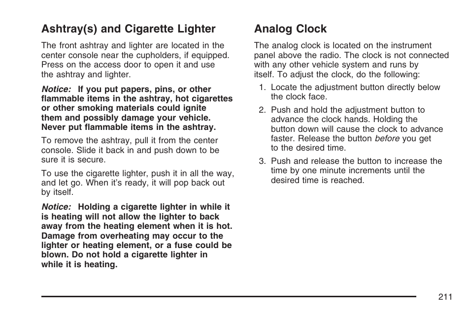 Ashtray(s) and cigarette lighter, Analog clock, Ashtray(s) and cigarette lighter analog clock | Cadillac 2007 Escalade User Manual | Page 211 / 570