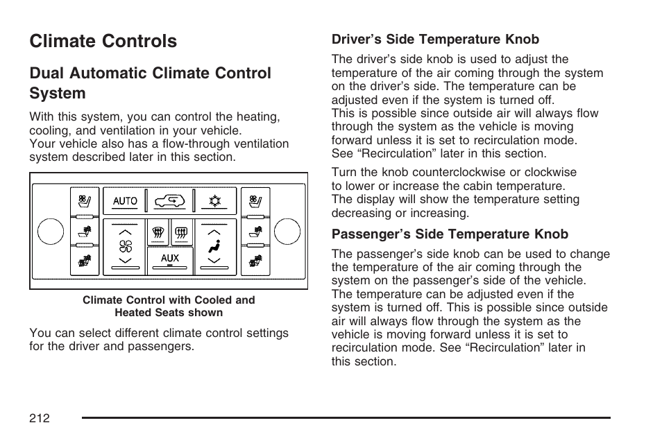 Climate controls, Dual automatic climate control system, Dual | Automatic climate control system | Cadillac 2007 Escalade User Manual | Page 212 / 570