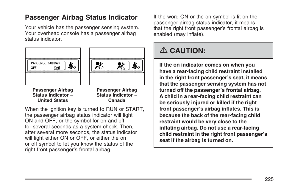 Passenger airbag status indicator, Caution | Cadillac 2007 Escalade User Manual | Page 225 / 570