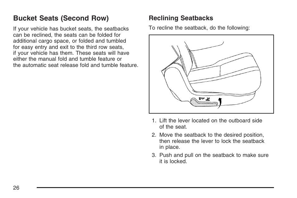 Bucket seats (second row) | Cadillac 2007 Escalade User Manual | Page 26 / 570