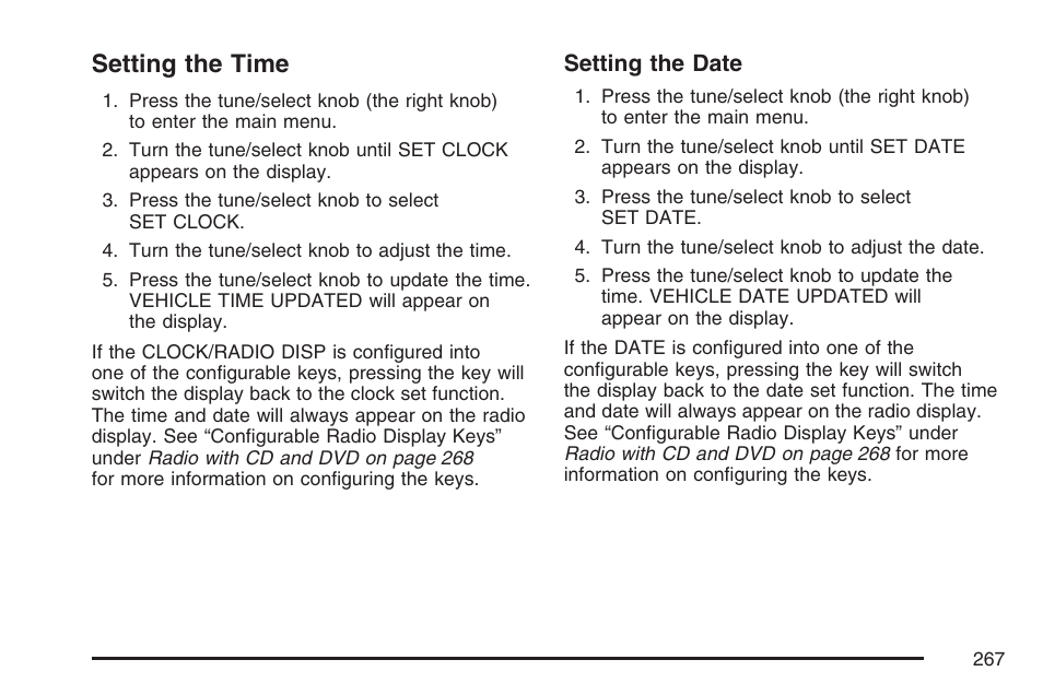 Setting the time, Setting the date | Cadillac 2007 Escalade User Manual | Page 267 / 570