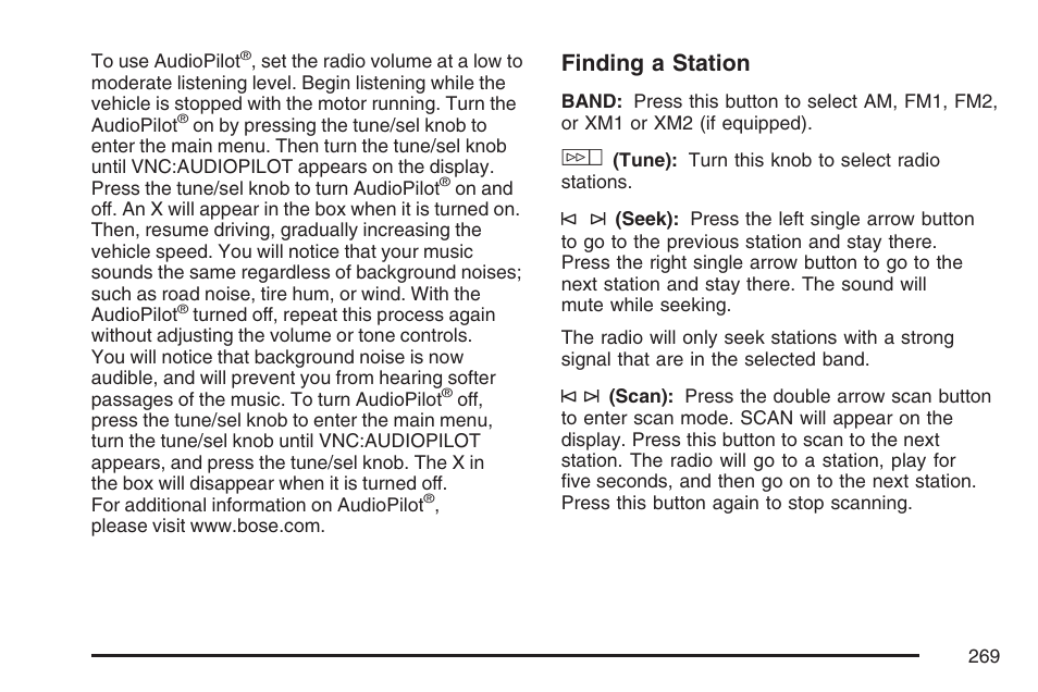 Finding a station | Cadillac 2007 Escalade User Manual | Page 269 / 570