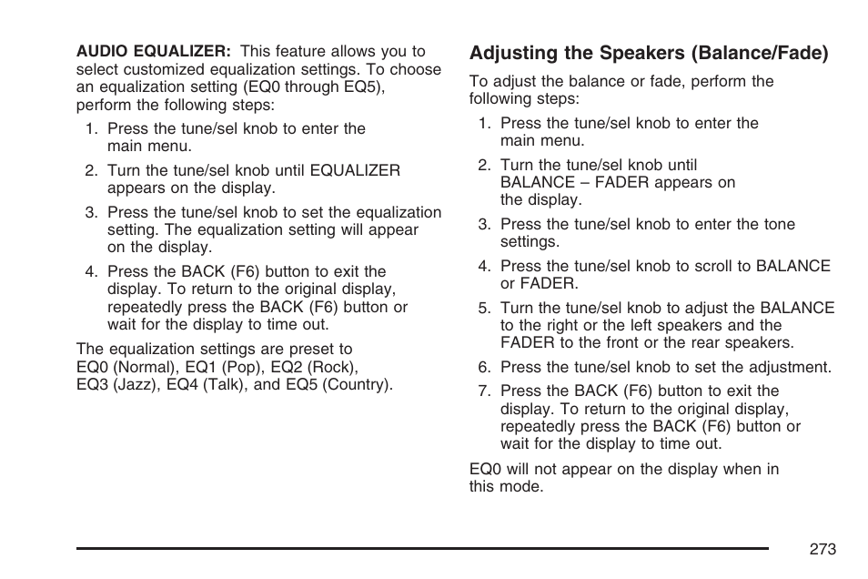 Adjusting the speakers (balance/fade) | Cadillac 2007 Escalade User Manual | Page 273 / 570