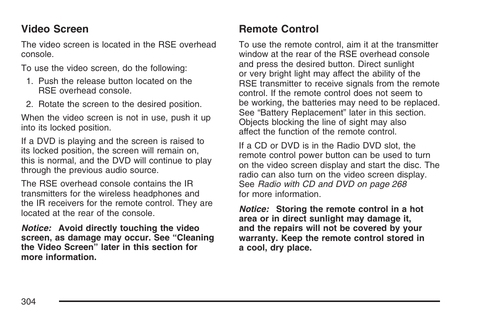 Video screen, Remote control | Cadillac 2007 Escalade User Manual | Page 304 / 570