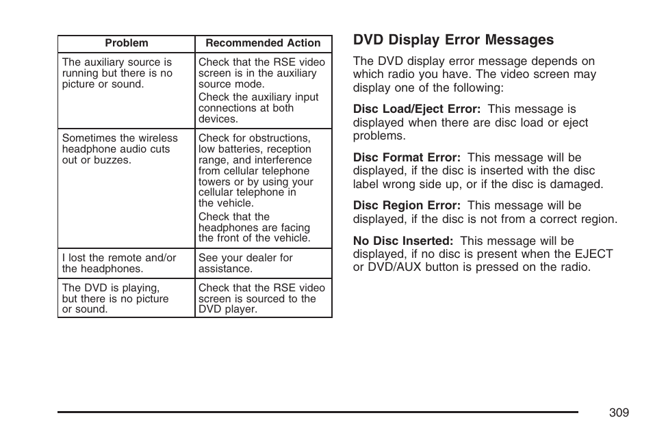 Dvd display error messages | Cadillac 2007 Escalade User Manual | Page 309 / 570