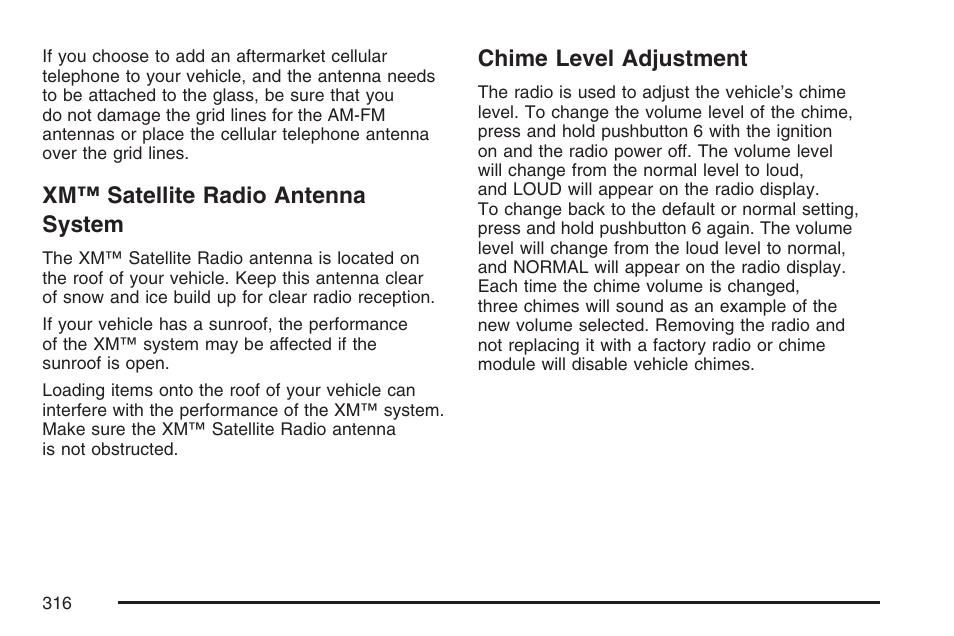 Xm™ satellite radio antenna system, Chime level adjustment | Cadillac 2007 Escalade User Manual | Page 316 / 570