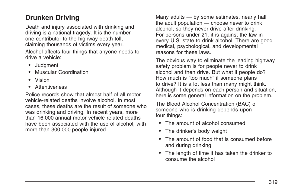 Drunken driving | Cadillac 2007 Escalade User Manual | Page 319 / 570