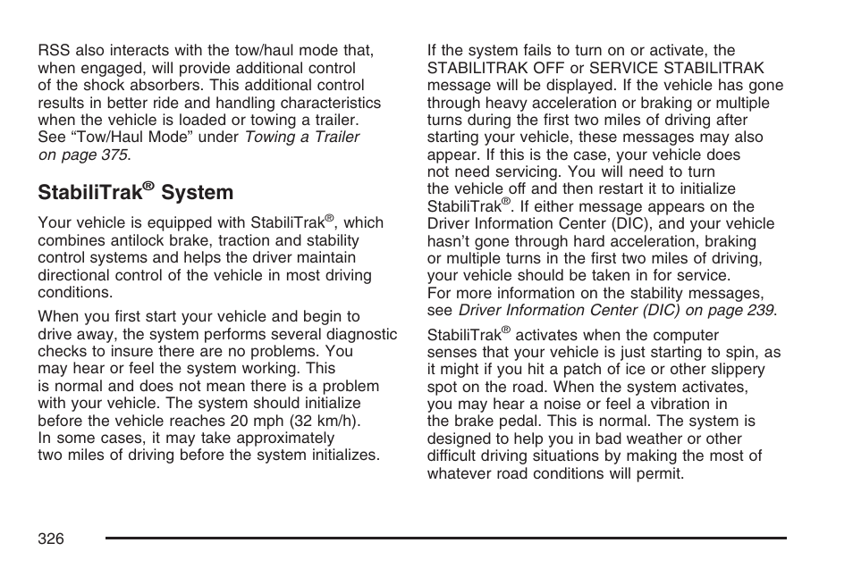 Stabilitrak® system, Stabilitrak, System | Cadillac 2007 Escalade User Manual | Page 326 / 570