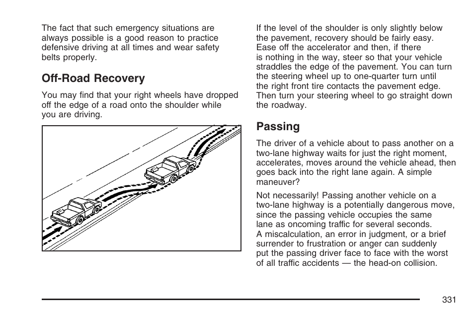 Off-road recovery, Passing, Off-road recovery passing | Cadillac 2007 Escalade User Manual | Page 331 / 570