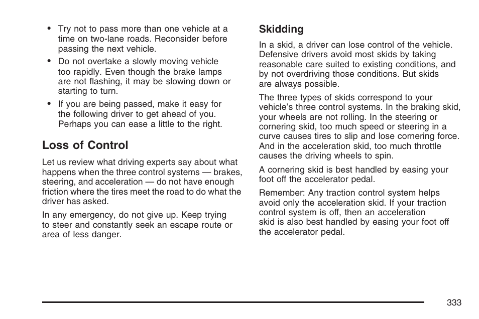 Loss of control | Cadillac 2007 Escalade User Manual | Page 333 / 570