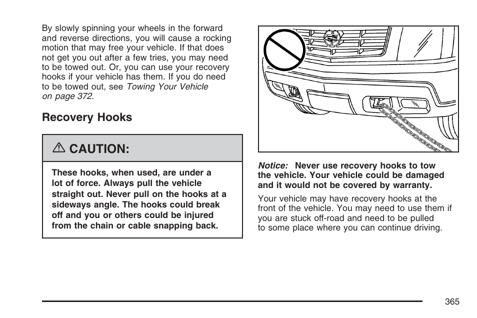 Recovery hooks, Caution | Cadillac 2007 Escalade User Manual | Page 365 / 570