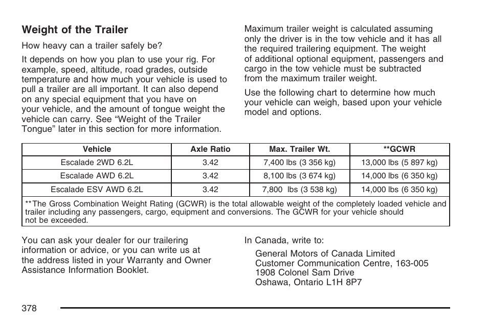 Weight of the trailer | Cadillac 2007 Escalade User Manual | Page 378 / 570
