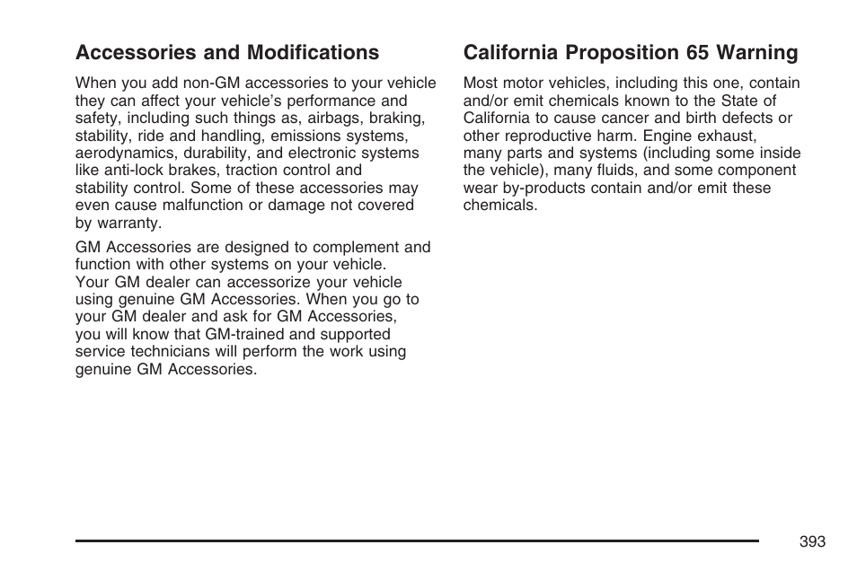Accessories and modifications, California proposition 65 warning | Cadillac 2007 Escalade User Manual | Page 393 / 570