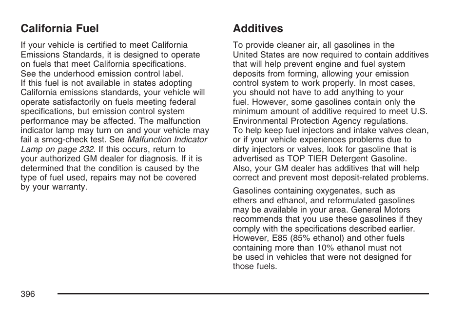 California fuel, Additives, California fuel additives | Cadillac 2007 Escalade User Manual | Page 396 / 570