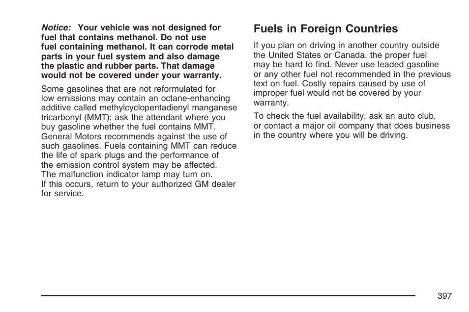 Fuels in foreign countries | Cadillac 2007 Escalade User Manual | Page 397 / 570
