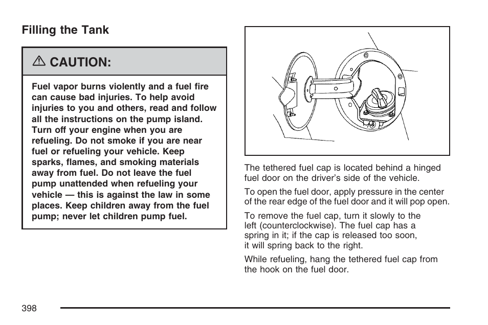 Filling the tank, Caution | Cadillac 2007 Escalade User Manual | Page 398 / 570