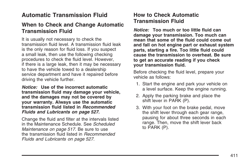 Automatic transmission fluid | Cadillac 2007 Escalade User Manual | Page 411 / 570