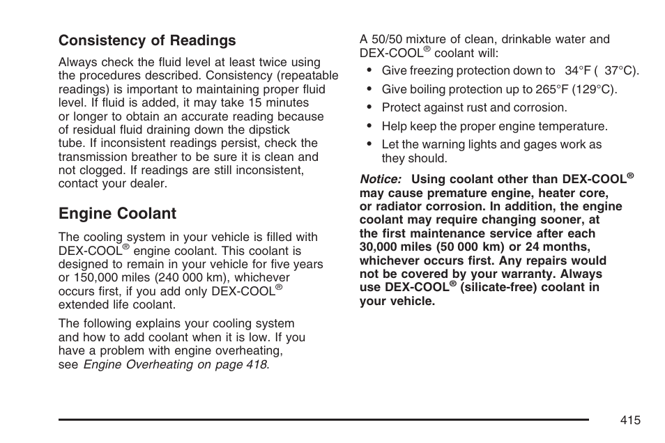 Engine coolant, Consistency of readings | Cadillac 2007 Escalade User Manual | Page 415 / 570