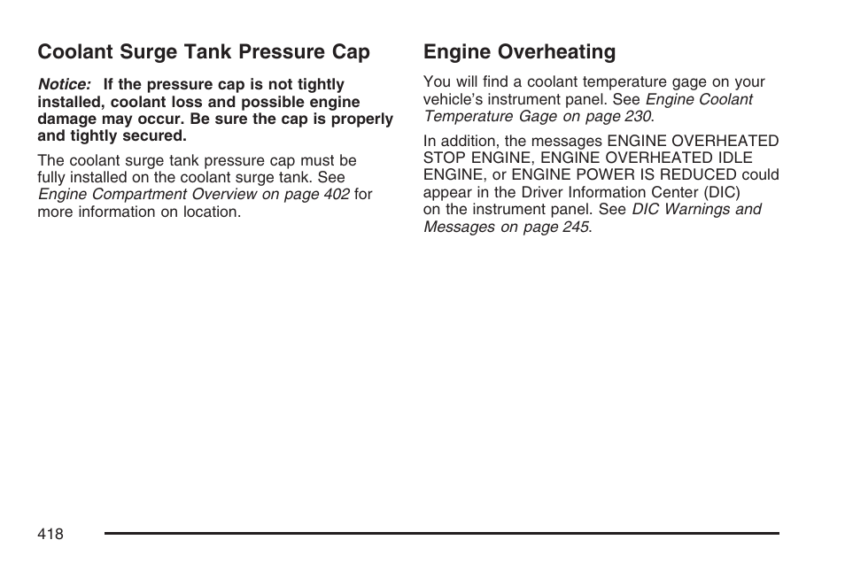 Coolant surge tank pressure cap, Engine overheating, Coolant surge tank pressure cap engine overheating | Cadillac 2007 Escalade User Manual | Page 418 / 570