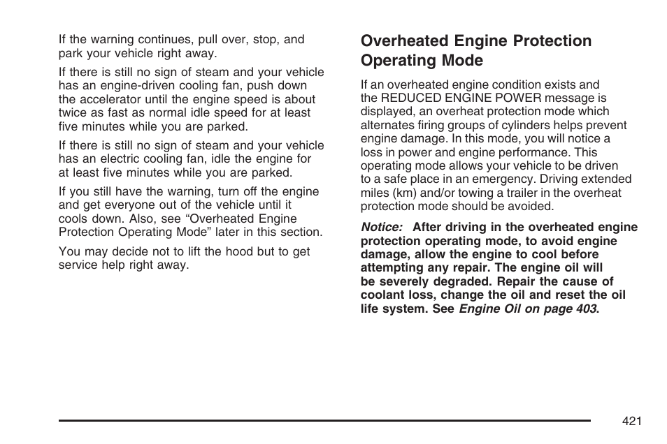 Overheated engine protection operating mode, Overheated engine protection, Operating mode | Cadillac 2007 Escalade User Manual | Page 421 / 570