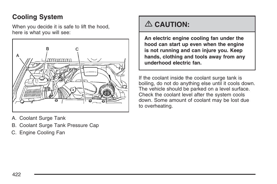 Cooling system, Caution | Cadillac 2007 Escalade User Manual | Page 422 / 570