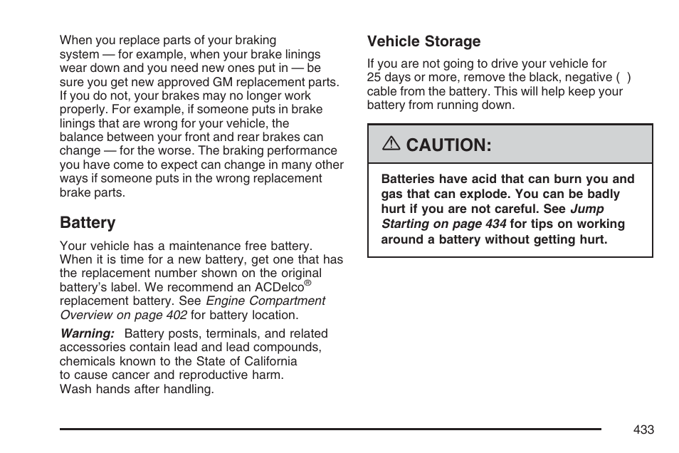 Battery, Caution | Cadillac 2007 Escalade User Manual | Page 433 / 570