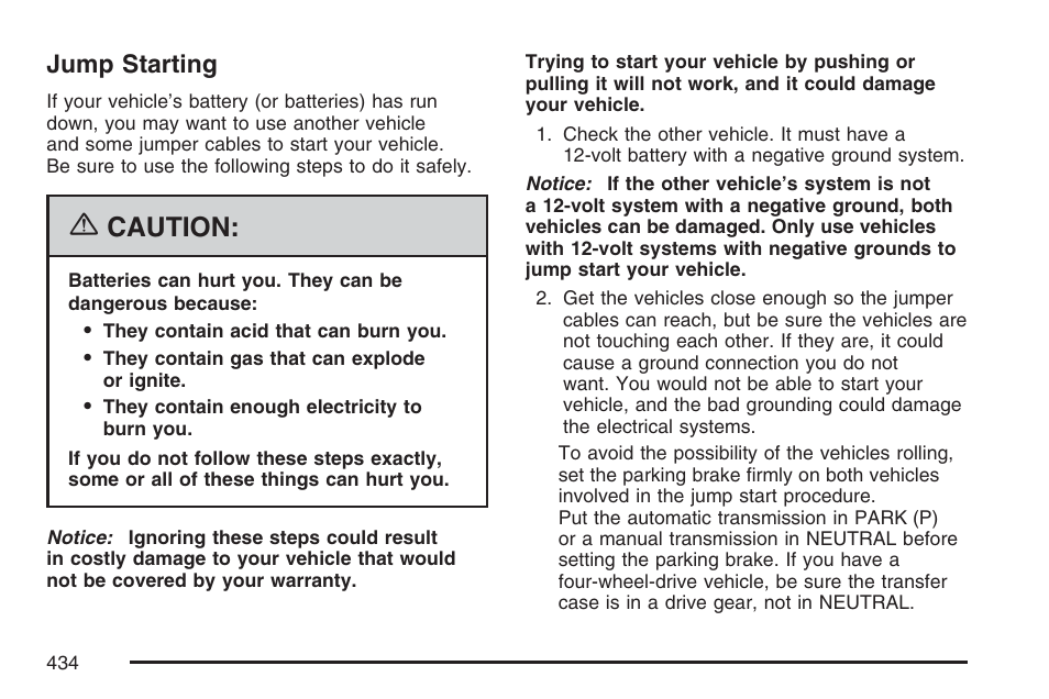 Jump starting, Jump, Starting | Caution | Cadillac 2007 Escalade User Manual | Page 434 / 570