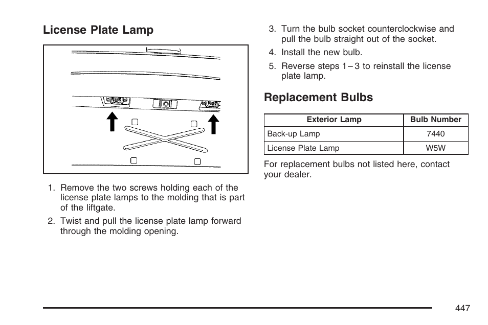 License plate lamp, Replacement bulbs, License plate lamp replacement bulbs | Cadillac 2007 Escalade User Manual | Page 447 / 570