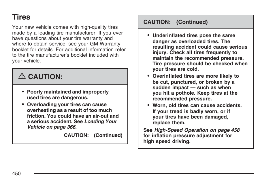 Tires, Caution | Cadillac 2007 Escalade User Manual | Page 450 / 570