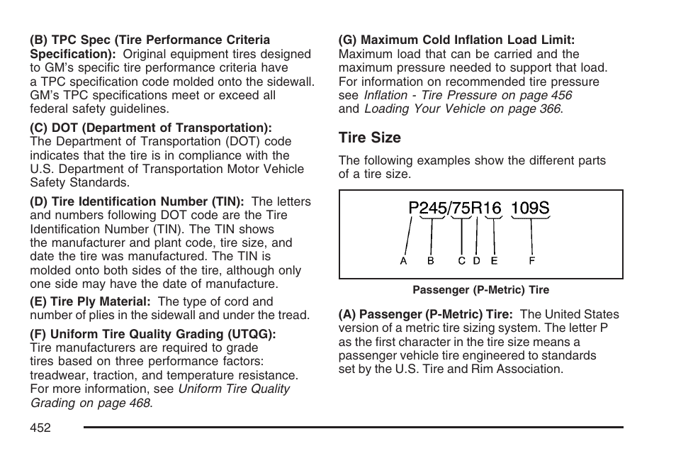 Tire size | Cadillac 2007 Escalade User Manual | Page 452 / 570