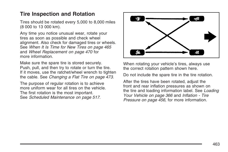 Tire inspection and rotation | Cadillac 2007 Escalade User Manual | Page 463 / 570