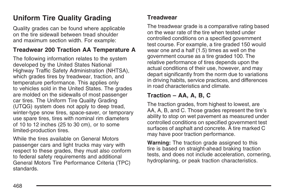 Uniform tire quality grading | Cadillac 2007 Escalade User Manual | Page 468 / 570