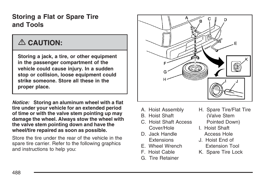 Storing a flat or spare tire and tools, Caution | Cadillac 2007 Escalade User Manual | Page 488 / 570