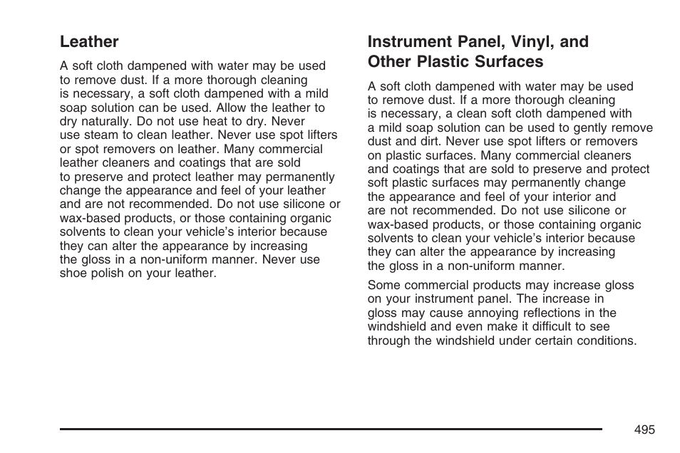 Leather, Leather instrument panel, vinyl, and, Other plastic surfaces | Cadillac 2007 Escalade User Manual | Page 495 / 570